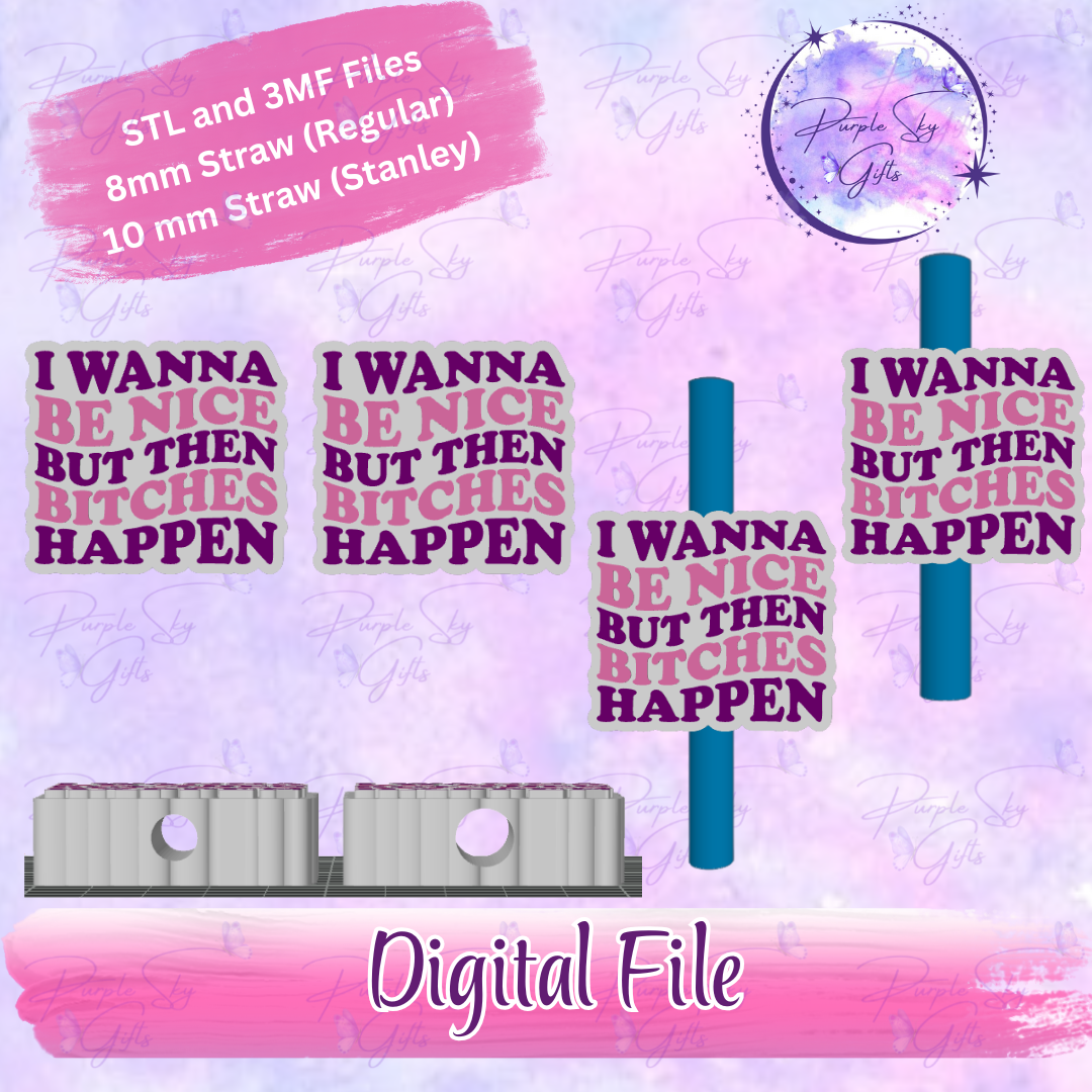 I Wanna Be Nice But Then Bitches Happen 8mm and 10mm STL and 3MF DIGITAL FILES For Straw Topper