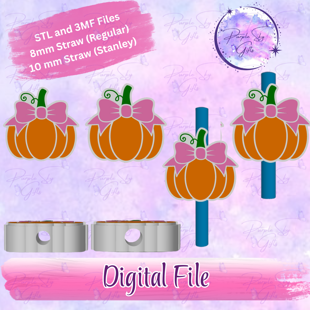 Pumpkin with Bow 8mm and 10mm STL and 3MF DIGITAL FILES For Straw Topper