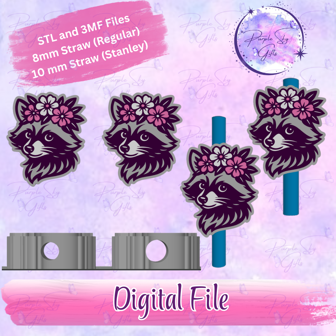 Floral Raccoon 8mm and 10mm STL and 3MF DIGITAL FILES For Straw Topper