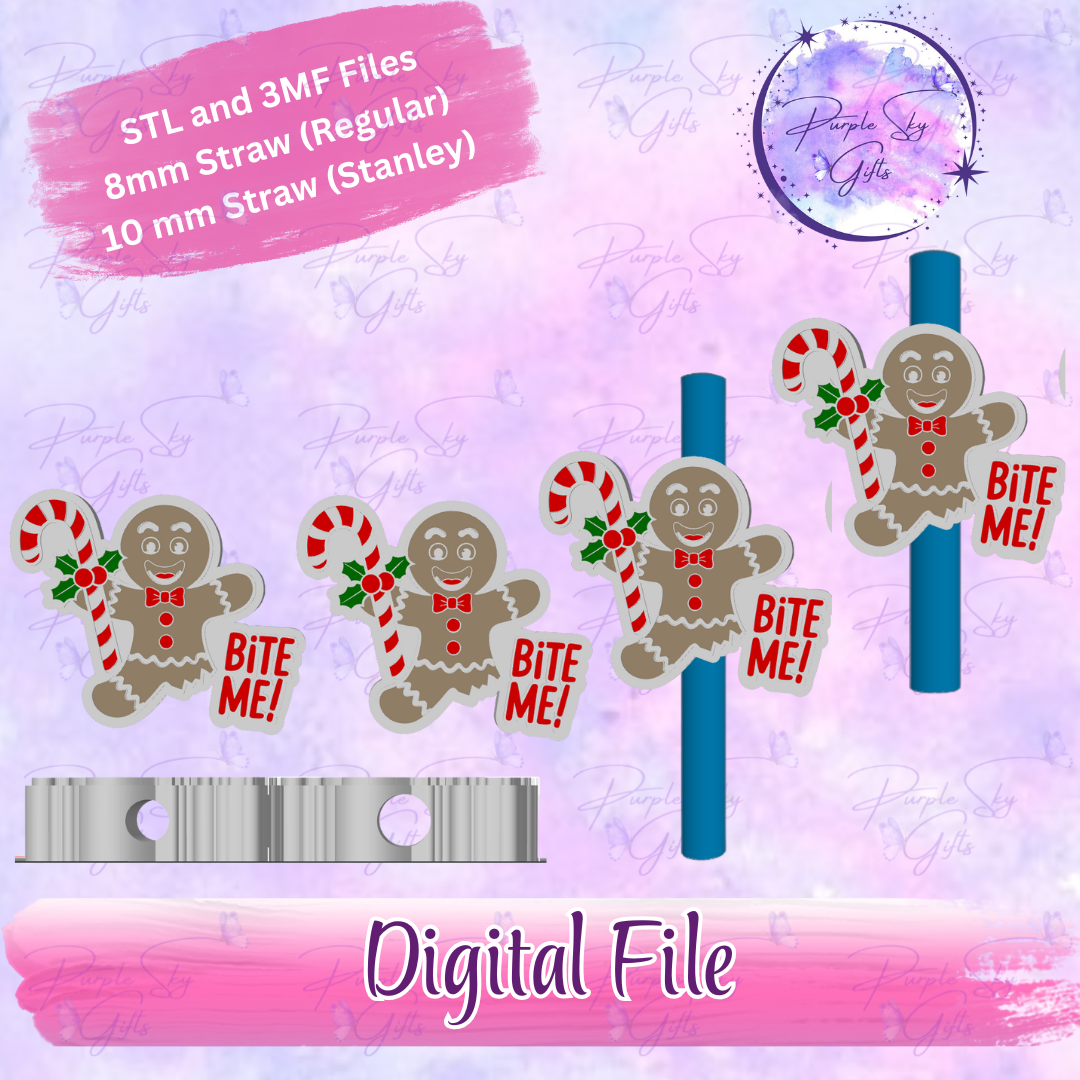 Bite Me Gingerbread Man 8mm and 10mm STL and 3MF DIGITAL FILES For Straw Topper