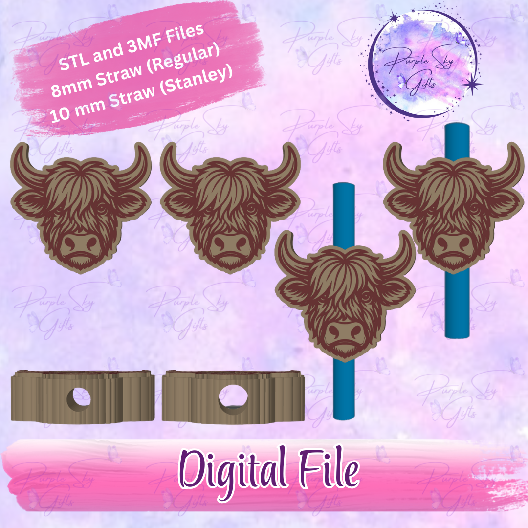 Highland Cow Head 8mm and 10mm STL and 3MF DIGITAL FILES For Straw Topper
