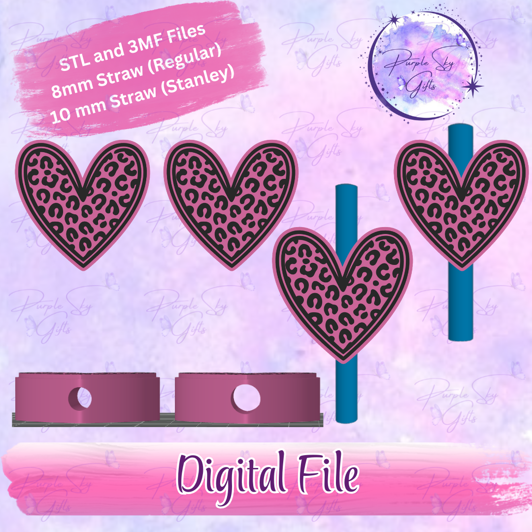 Leopard Print Heart 8mm and 10mm STL and 3MF DIGITAL FILES For Straw Topper