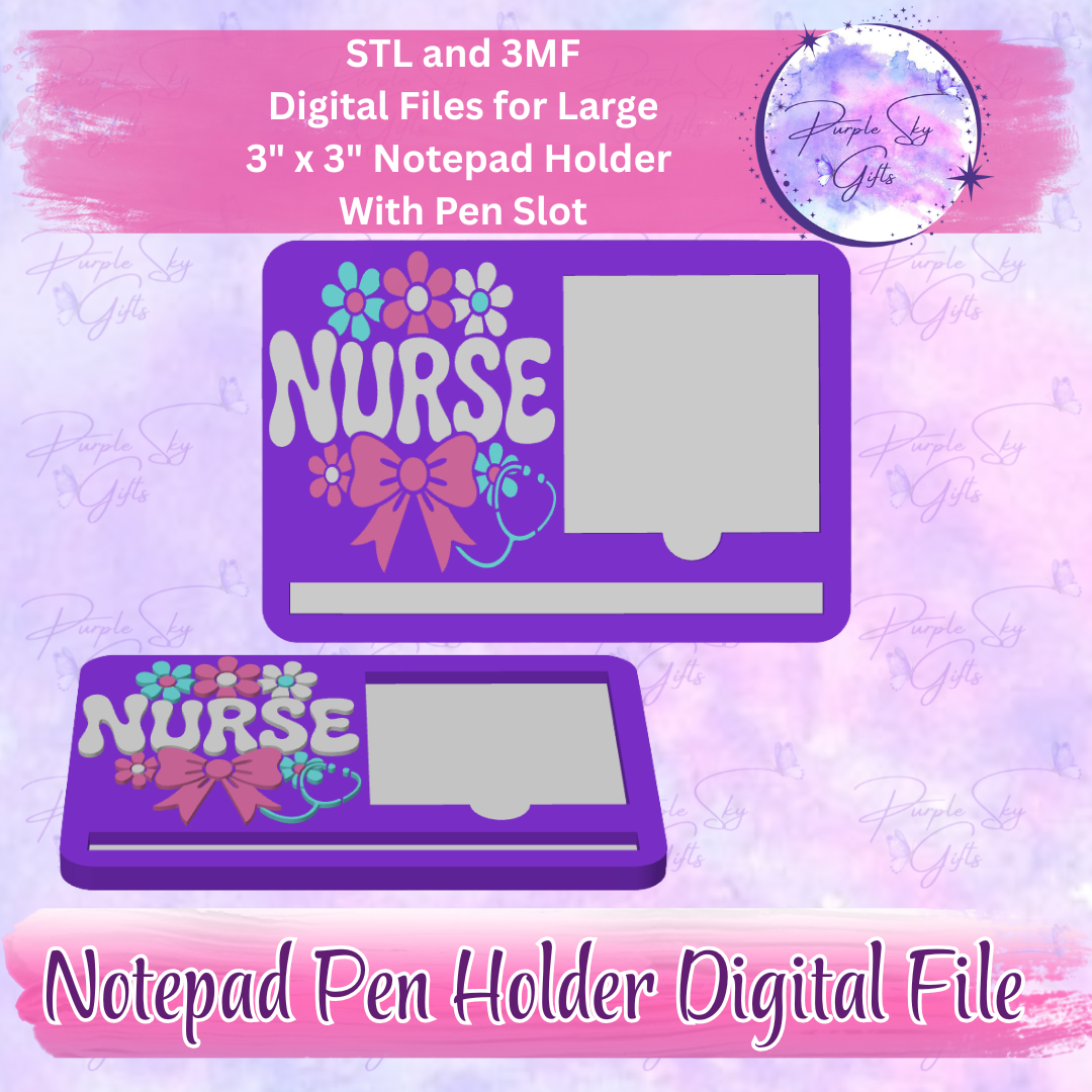 Floral Nurse Notepad Holder Digital STL and 3MF Files - Large Design With Pen Holder