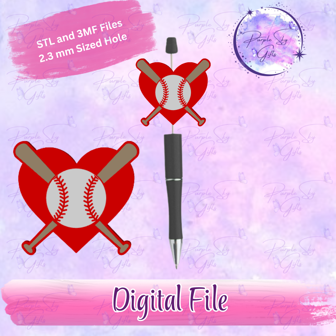Heart Baseball and Two Bats Focal Bead Digital STL and 3MF Files