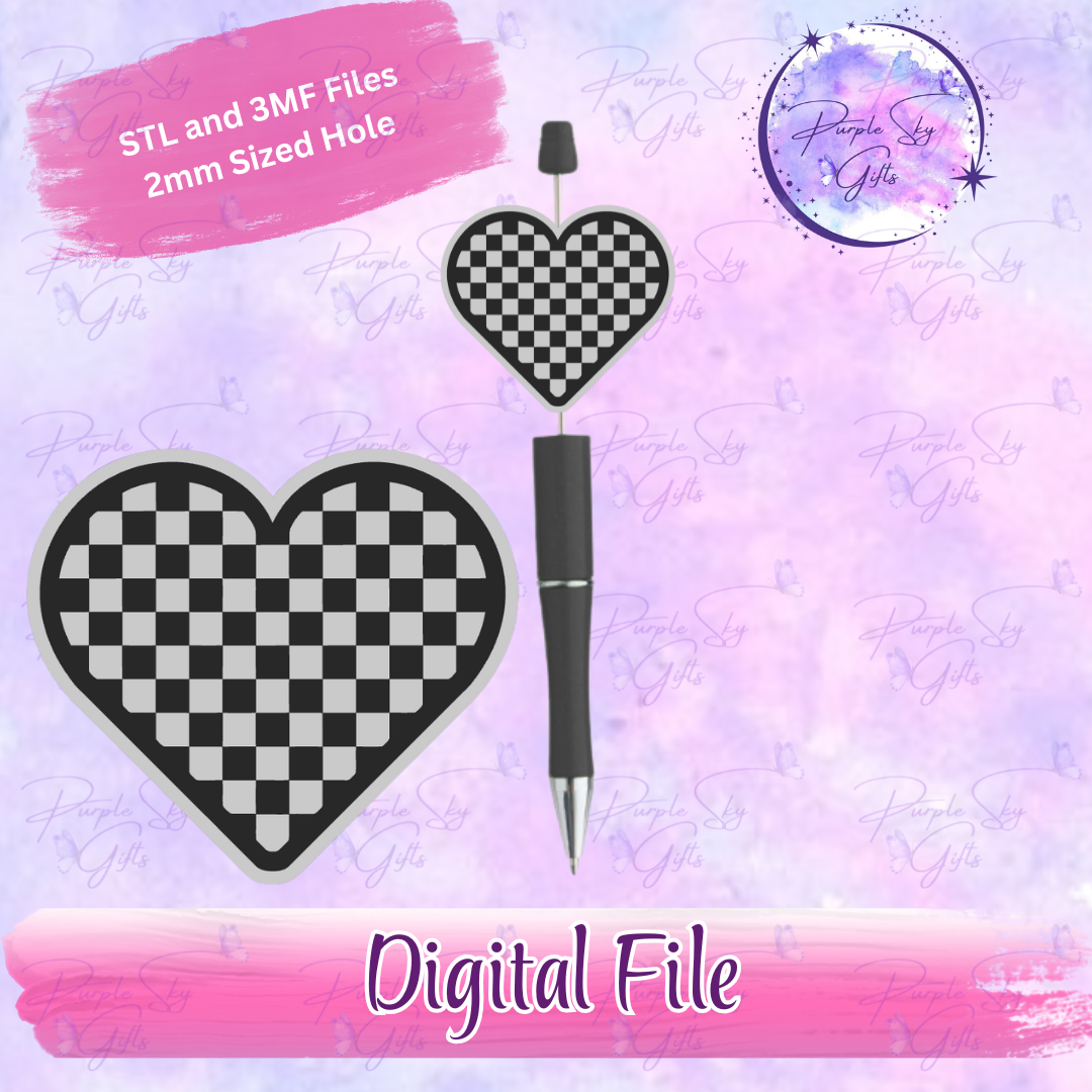 Checkered Print Heart Focal Bead Digital STL and 3MF Files