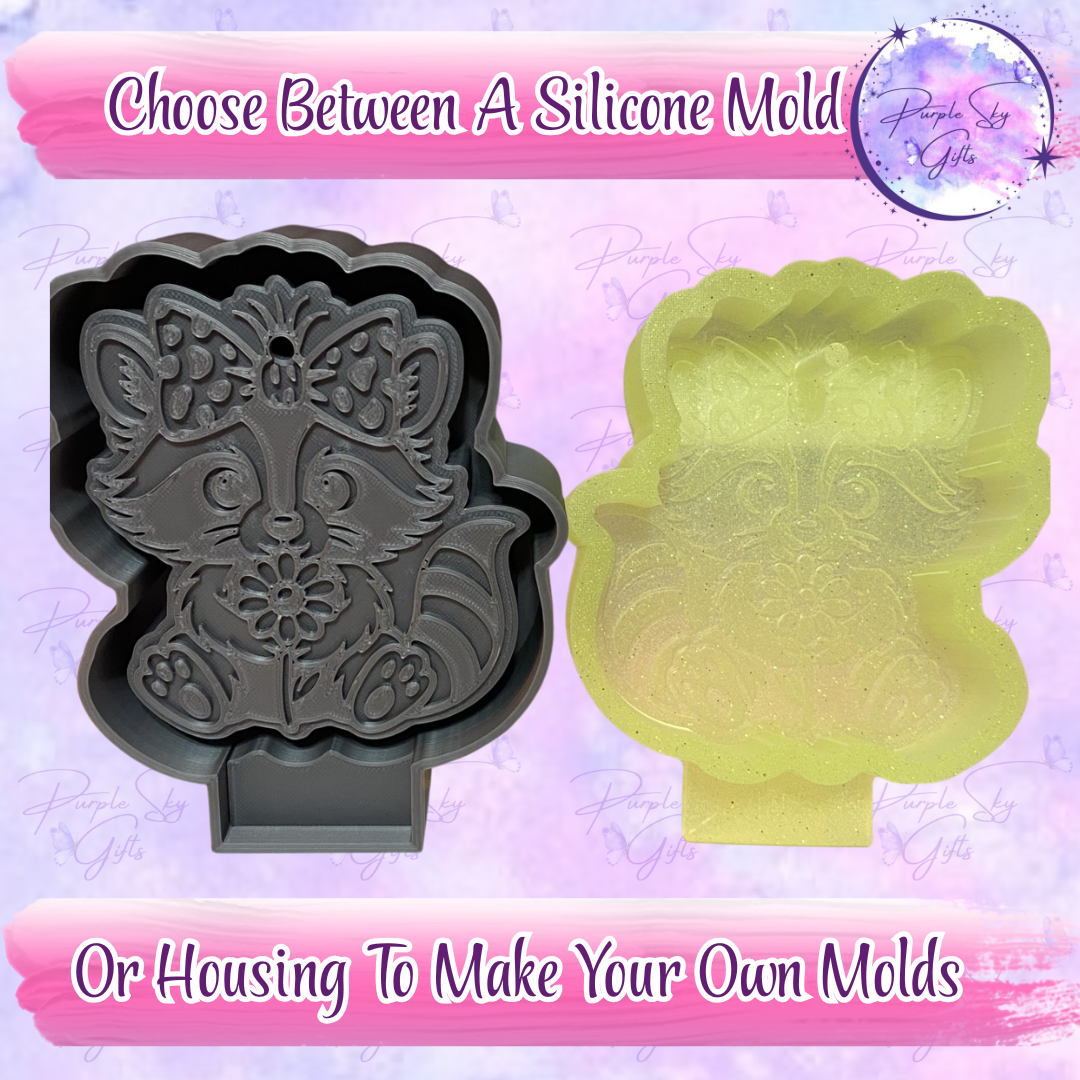 Cute Raccoon with Bow and Flower Mold Housing or Silicone Mold