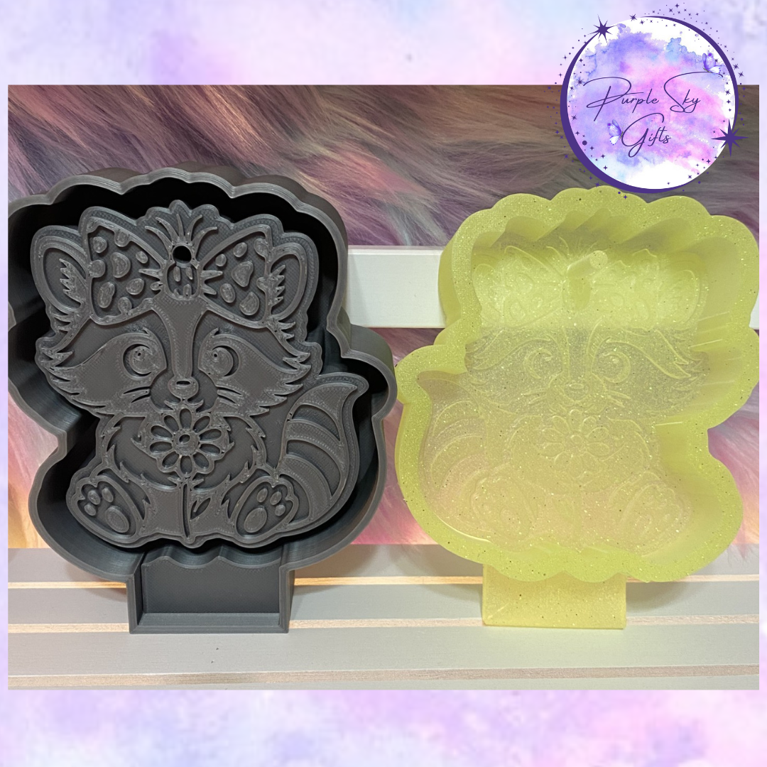 Cute Raccoon with Bow and Flower Mold Housing or Silicone Mold