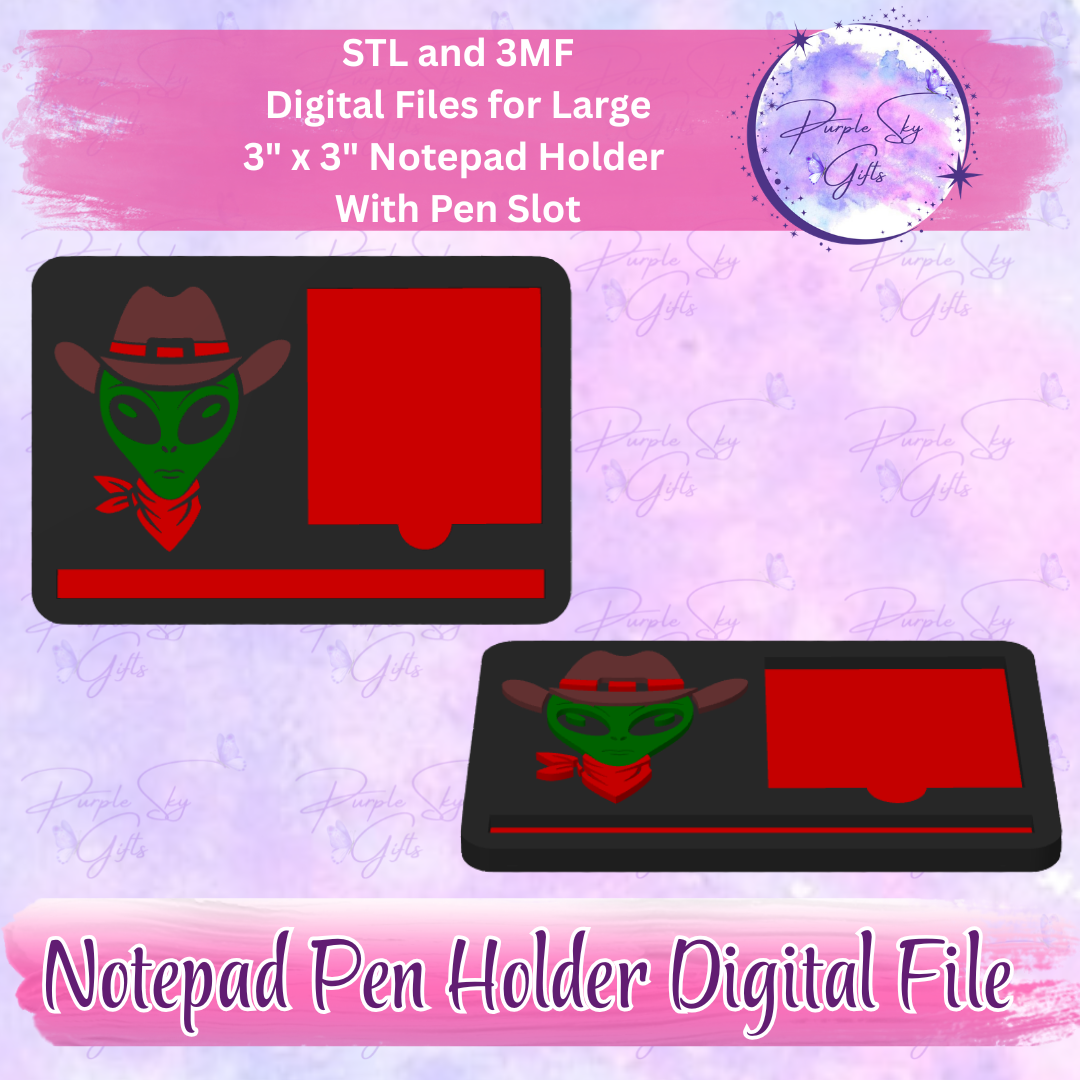 Alien Cowboy Notepad Holder Digital STL and 3MF Files - Large Design With Pen Holder