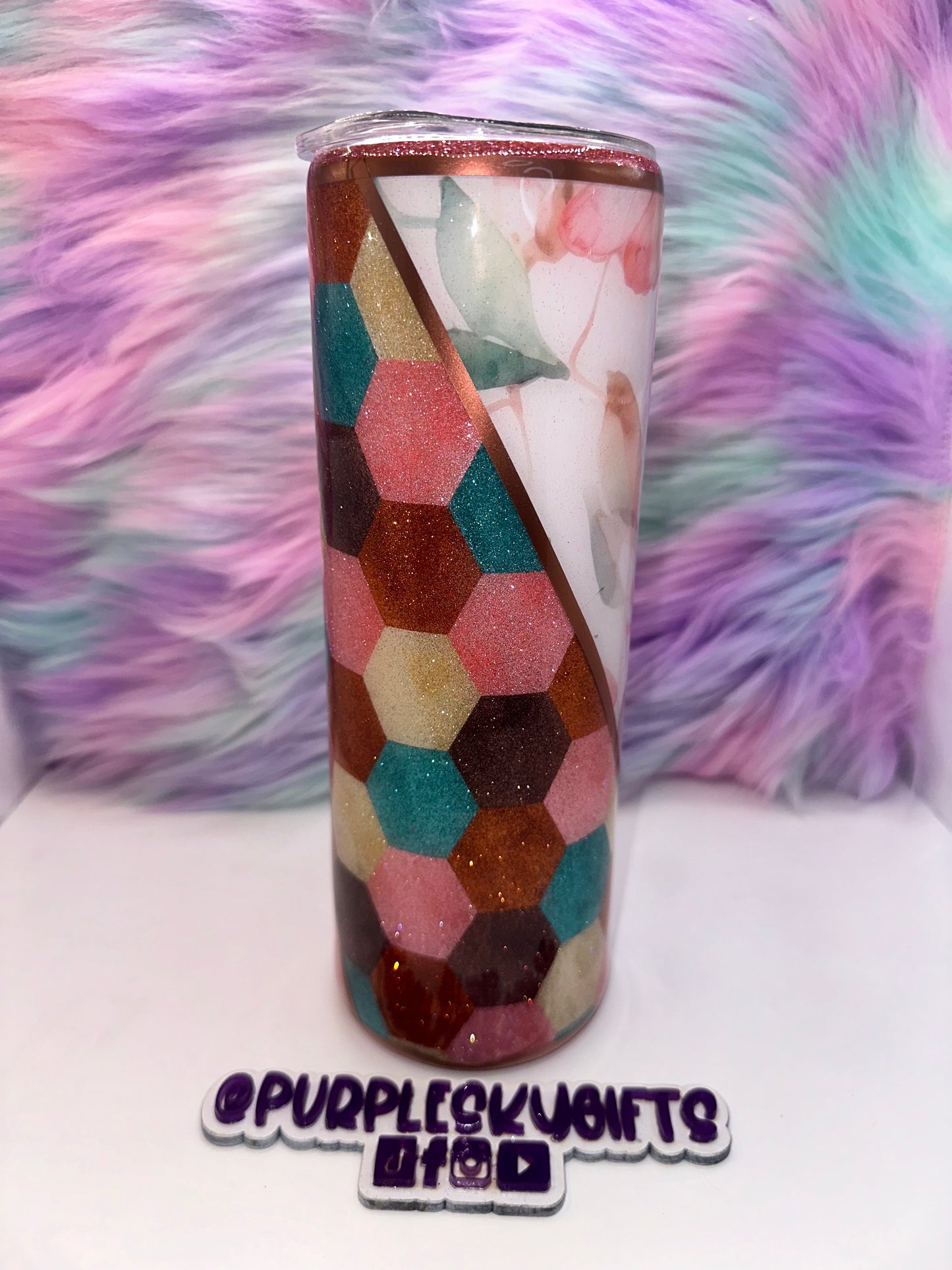 30 oz Soft Floral Print Honeycomb Glitter Tumbler - Ready To Ship