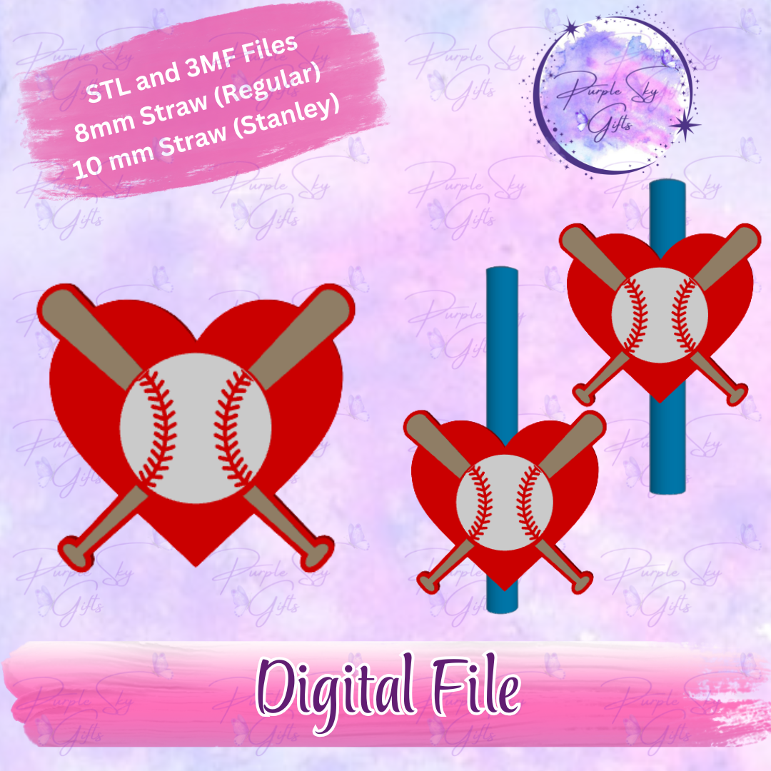 Heart Baseball and Two Bats 8mm and 10mm STL and 3MF DIGITAL FILES For Straw Topper