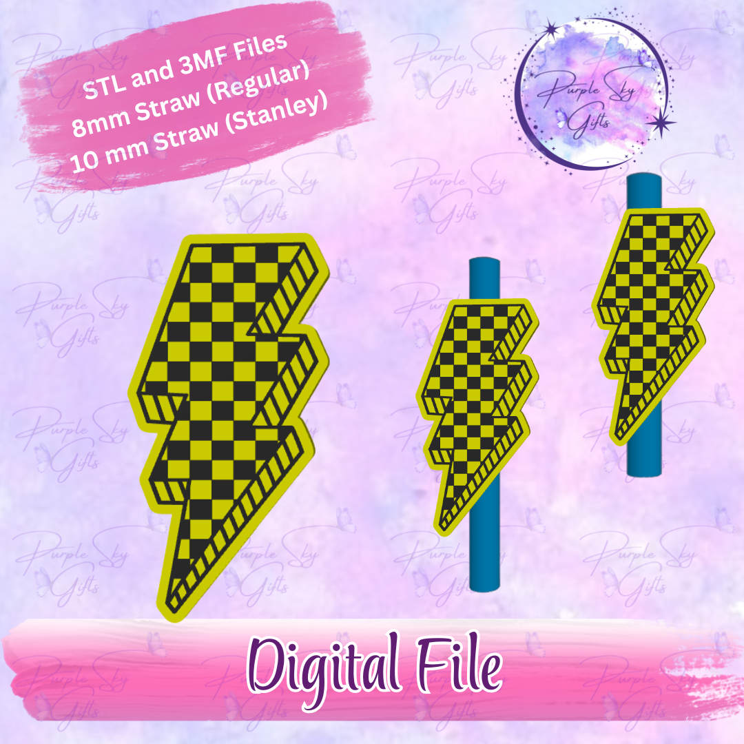 Checkered Print Lightening Bolt 8mm and 10mm STL and 3MF DIGITAL FILES For Straw Topper