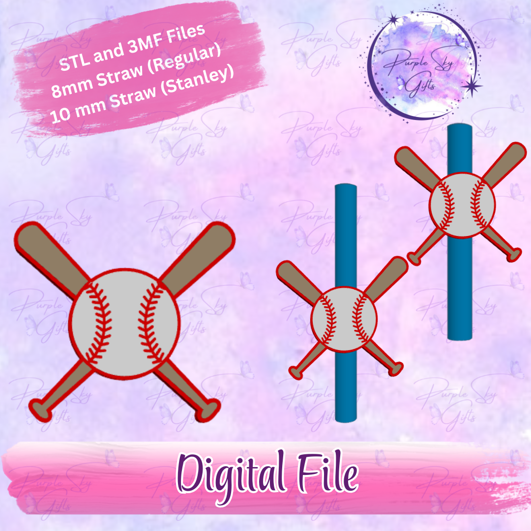 Baseball and Two Bats 8mm and 10mm STL and 3MF DIGITAL FILES For Straw Topper