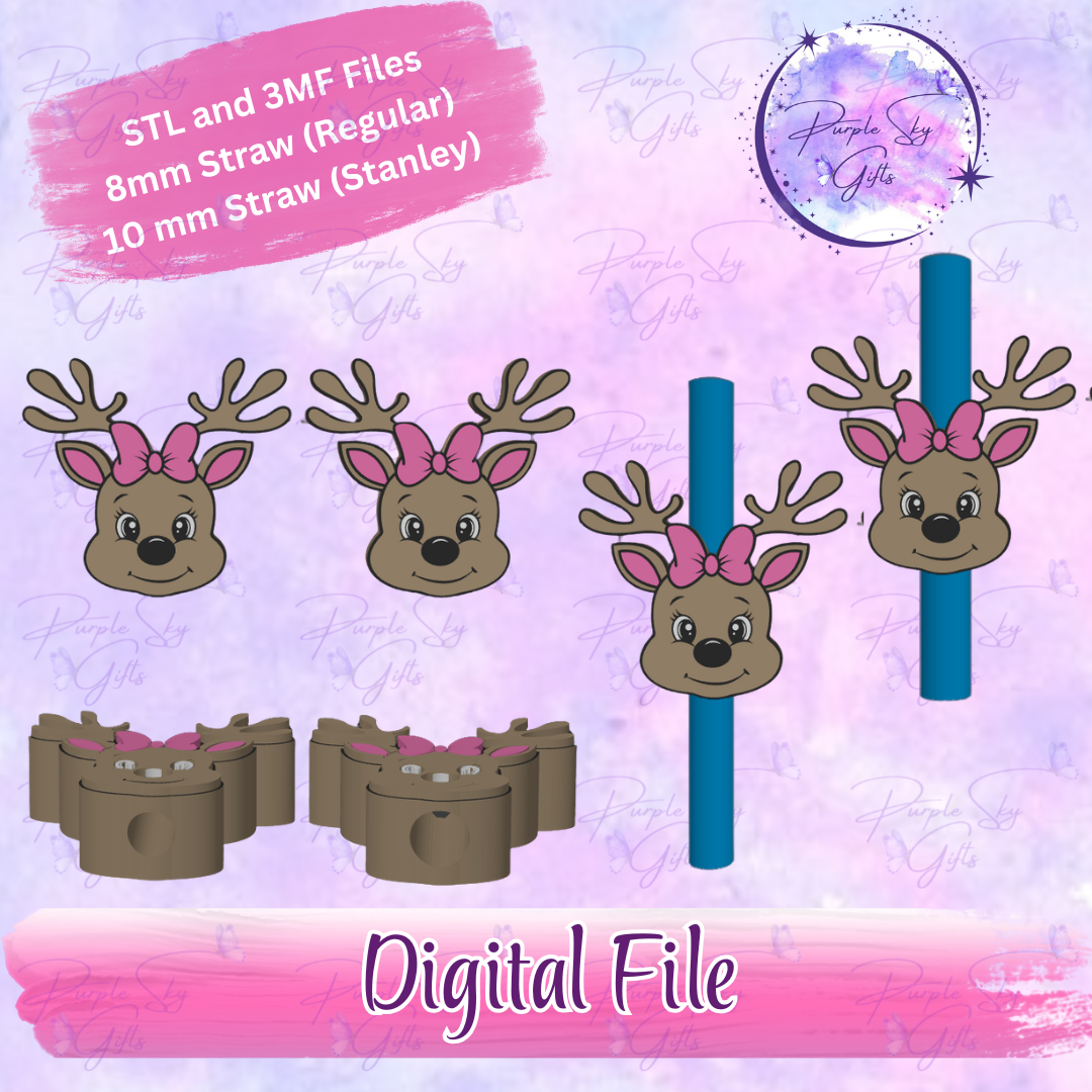 Reindeer with Bow 8mm and 10mm STL and 3MF DIGITAL FILES For Straw Topper