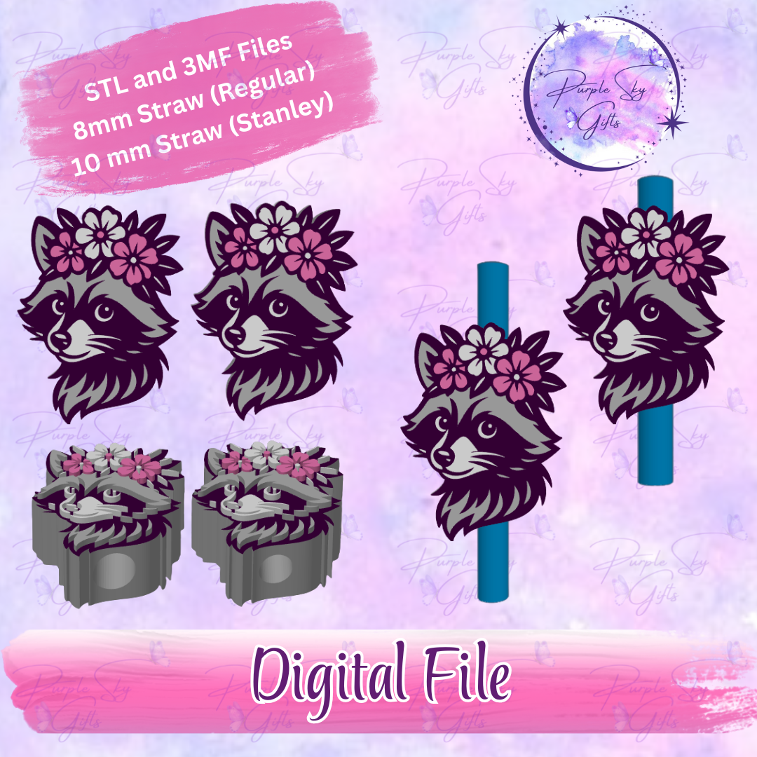 Floral Raccoon 8mm and 10mm STL and 3MF DIGITAL FILES For Straw Topper