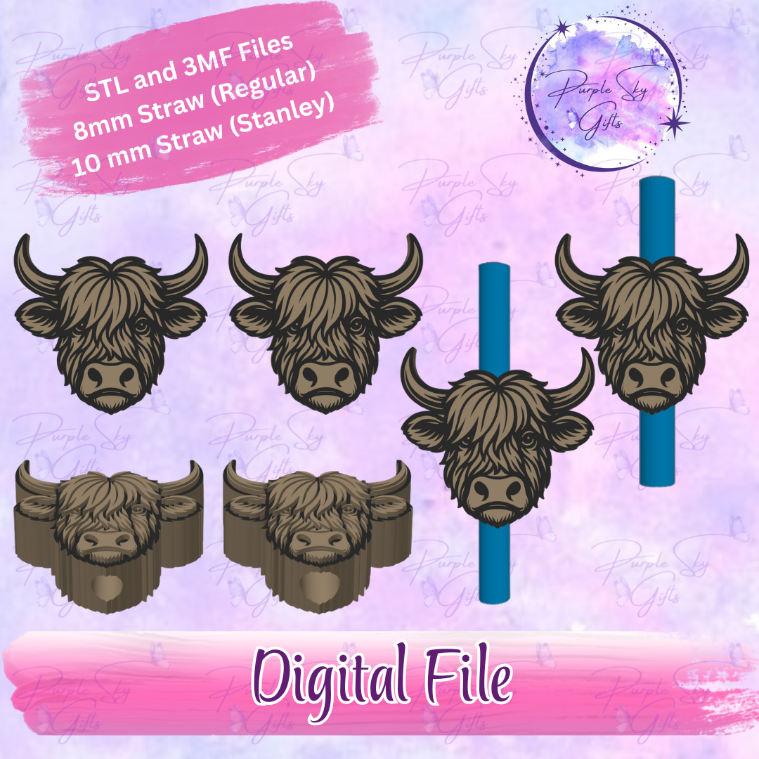 Highland Cow Head 8mm and 10mm STL and 3MF DIGITAL FILES For Straw Topper