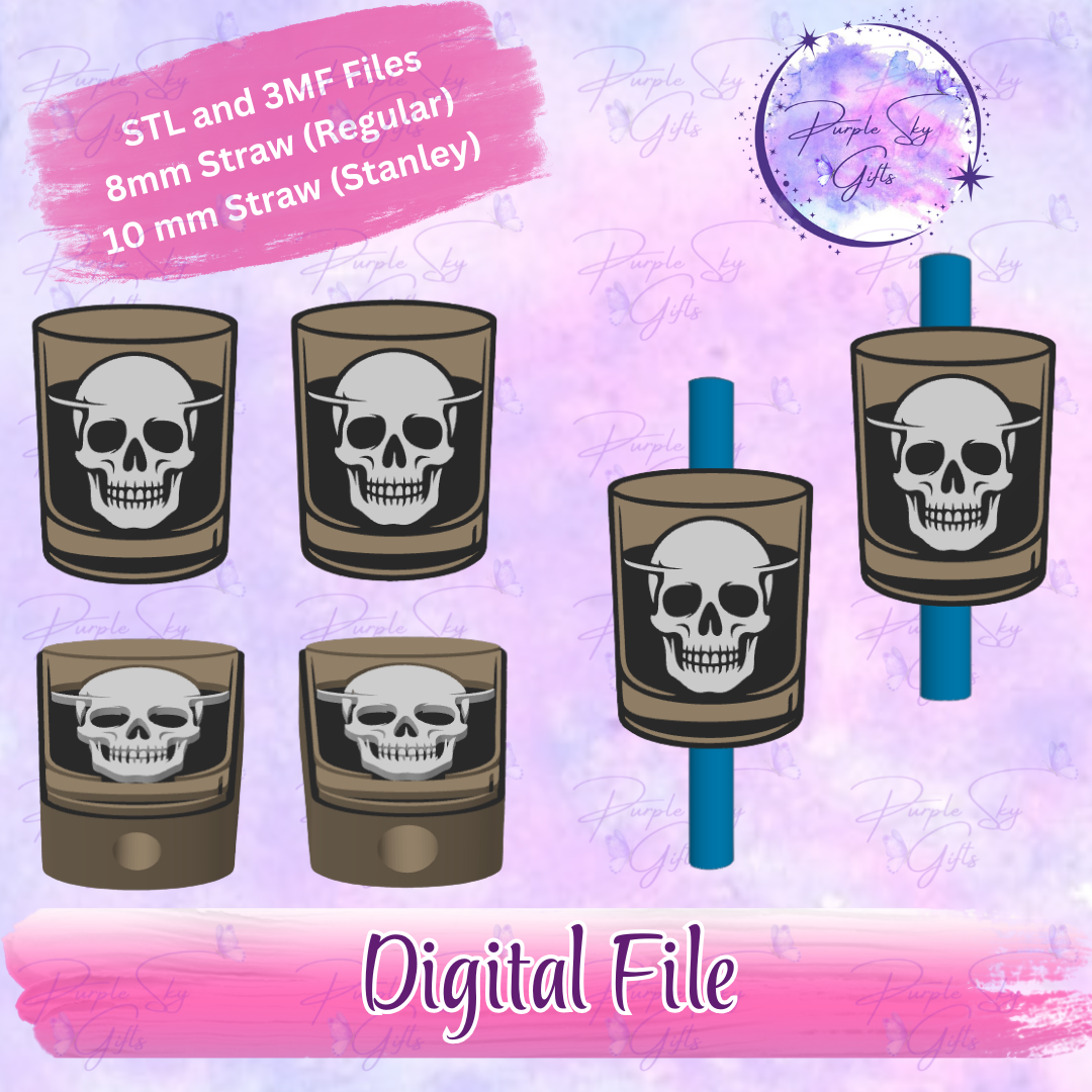 Skull Ice Whiskey Glass 8mm and 10mm STL and 3MF DIGITAL FILES For Straw Topper