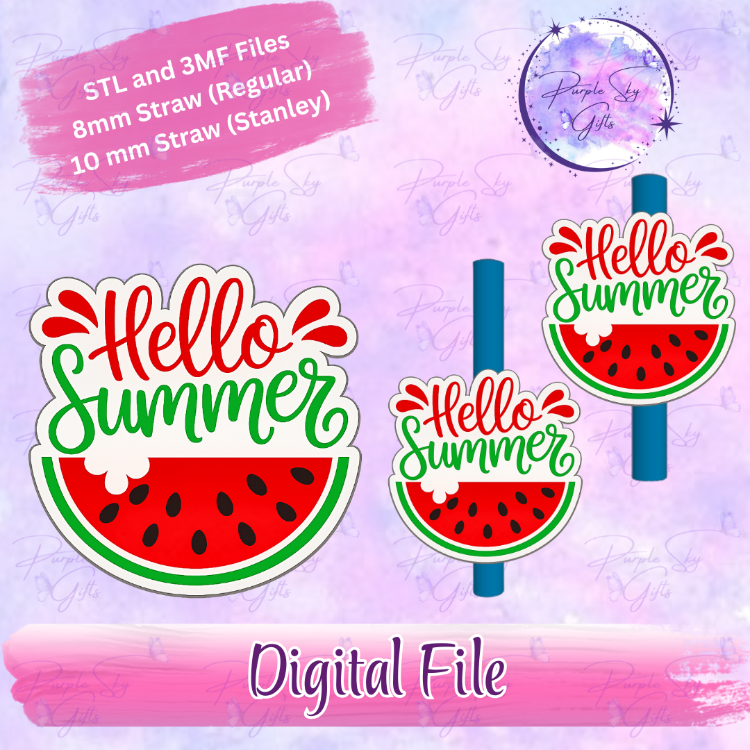 Hello Summer Watermelon 8mm and 10mm STL and 3MF DIGITAL FILES For Straw Topper