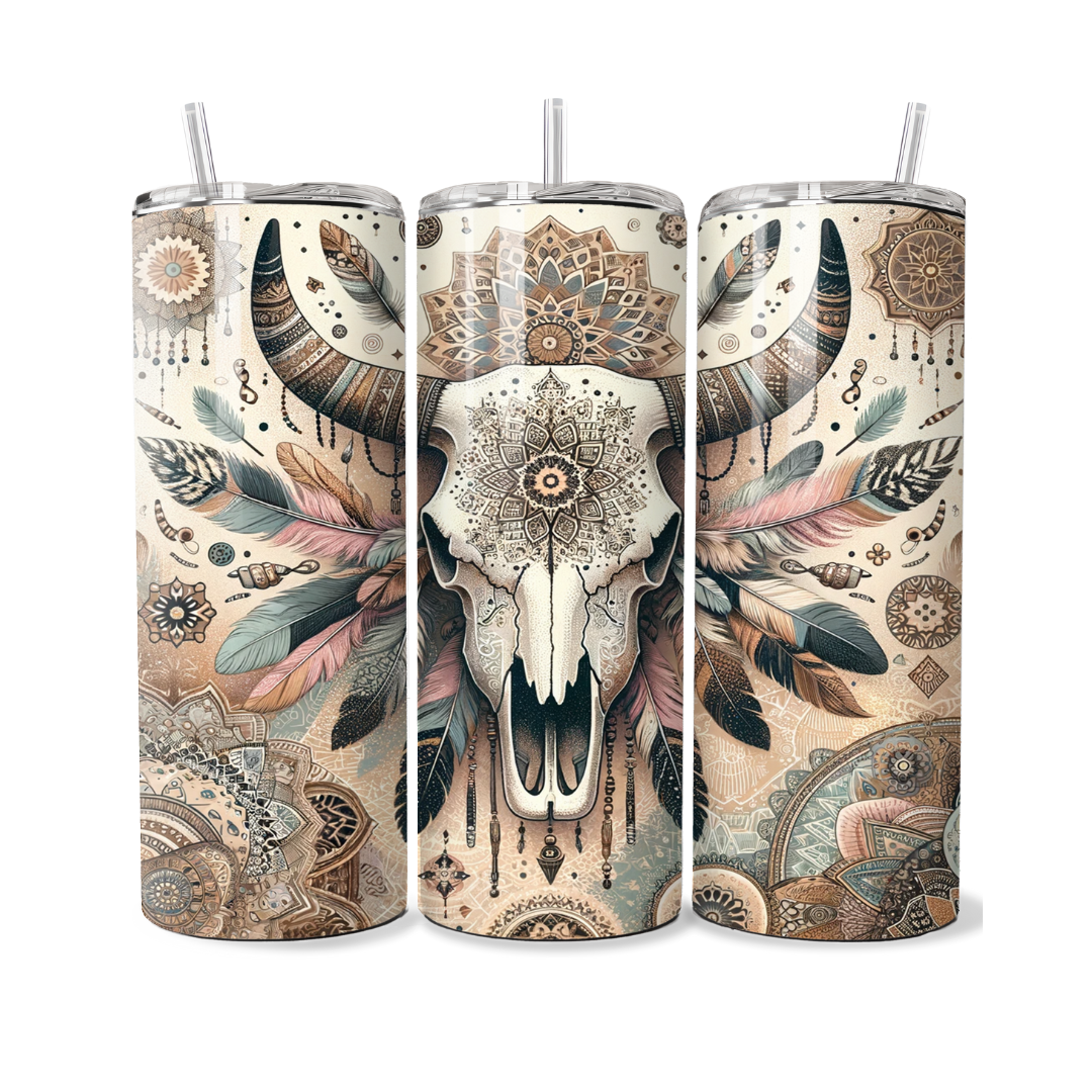 Cream Sage Boho Cow Skull Western 20 or 30 oz Tumbler