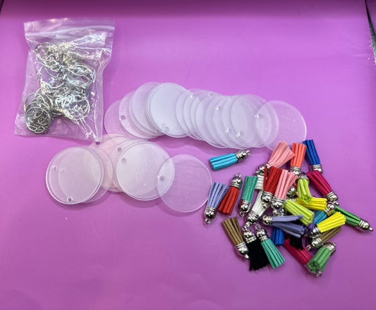 Package of 26 Round Acrylic Keychains with Tassles - Destash