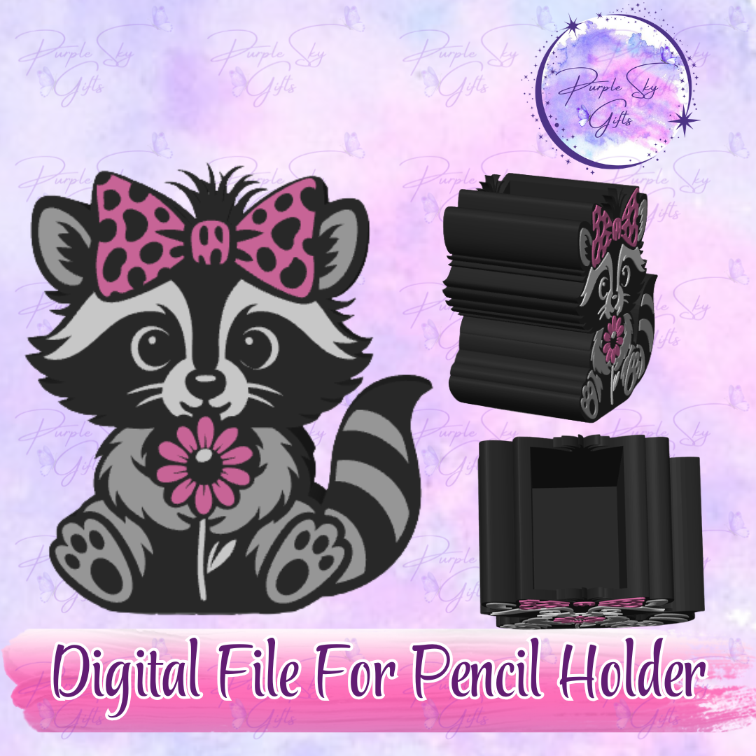 Cute Raccoon and Flower STL and 3MF DIGITAL FILES For Desk Pencil Holder