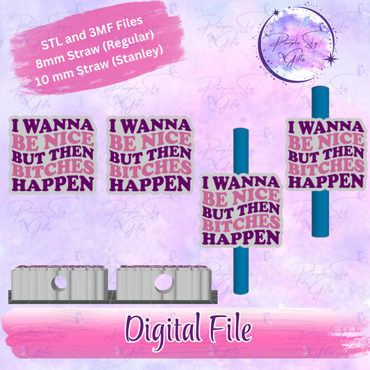 I Wanna Be Nice But Then Bitches Happen 8mm and 10mm STL and 3MF DIGITAL FILES For Straw Topper