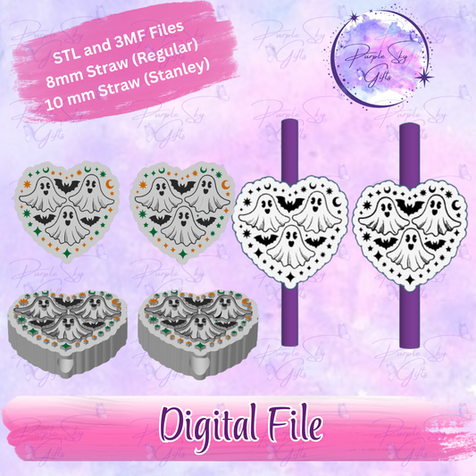 Bats and Ghosts Heart 8mm and 10mm STL and 3MF DIGITAL FILES For Straw Topper