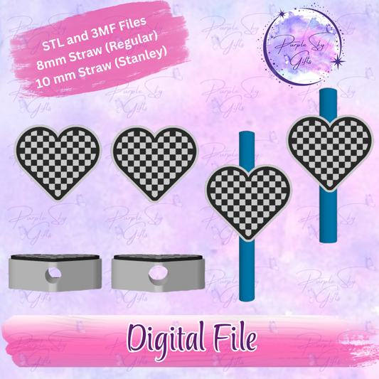 Checkered Print Heart 8mm and 10mm STL and 3MF DIGITAL FILES For Straw Topper