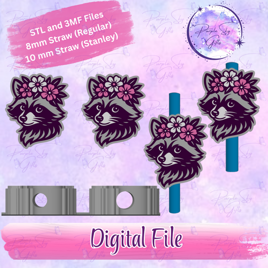 Floral Raccoon 8mm and 10mm STL and 3MF DIGITAL FILES For Straw Topper