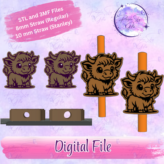 Baby Highland Cow 8mm and 10mm STL and 3MF DIGITAL FILES For Straw Topper