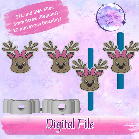 Reindeer with Bow 8mm and 10mm STL and 3MF DIGITAL FILES For Straw Topper