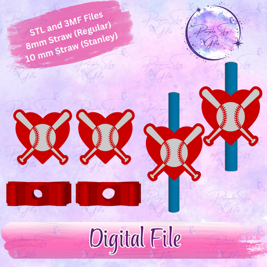 Baseball Heart Bats 8mm and 10mm STL and 3MF DIGITAL FILES For Straw Topper