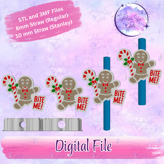 Bite Me Gingerbread Man 8mm and 10mm STL and 3MF DIGITAL FILES For Straw Topper