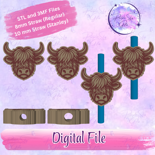 Highland Cow Head 8mm and 10mm STL and 3MF DIGITAL FILES For Straw Topper