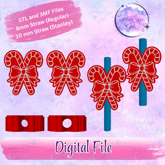 Candy Canes With Bow 8mm and 10mm STL and 3MF DIGITAL FILES For Straw Topper