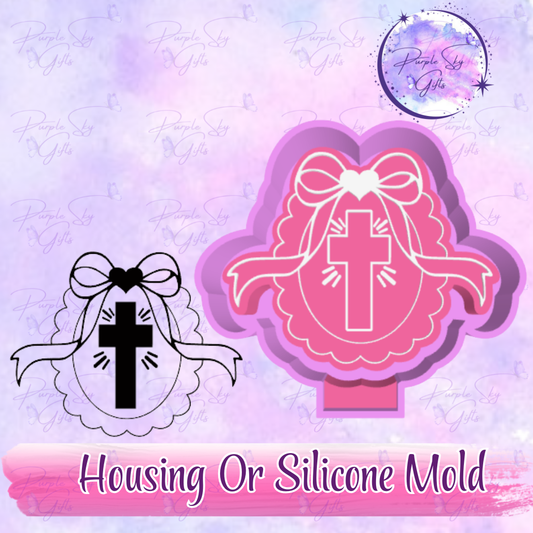 Oval Cross with Bow Freshie Mold Housing or Silicone Mold