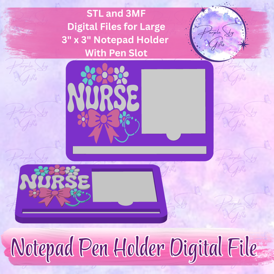 Floral Nurse Notepad Holder Digital STL and 3MF Files - Large Design With Pen Holder