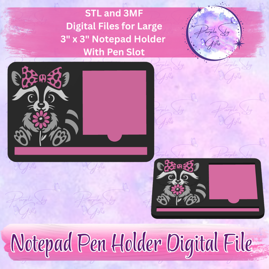 Cute Raccoon Notepad Holder Digital STL and 3MF Files - Large Design With Pen Holder
