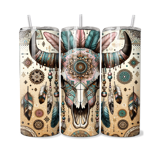 Teal and Pink Boho Cow Skull 20 or 30 oz Tumbler