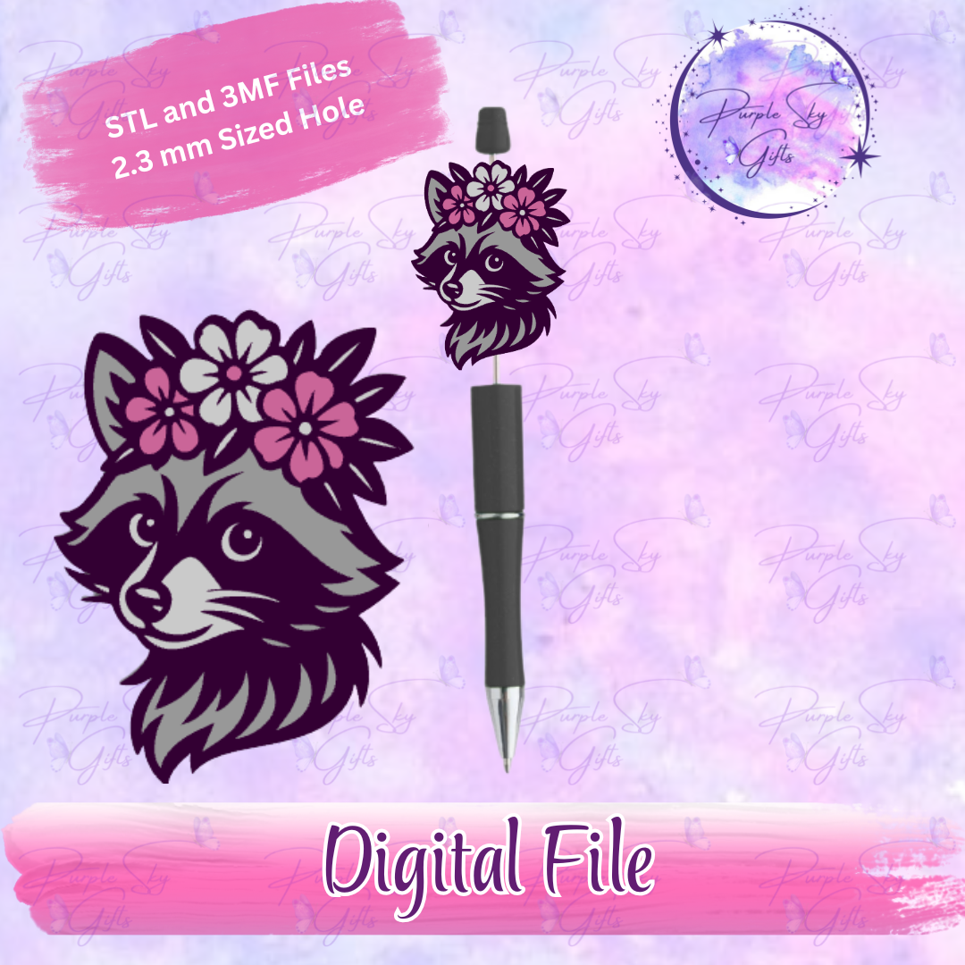 Floral Raccoon Head Focal Bead Digital STL and 3MF Files
