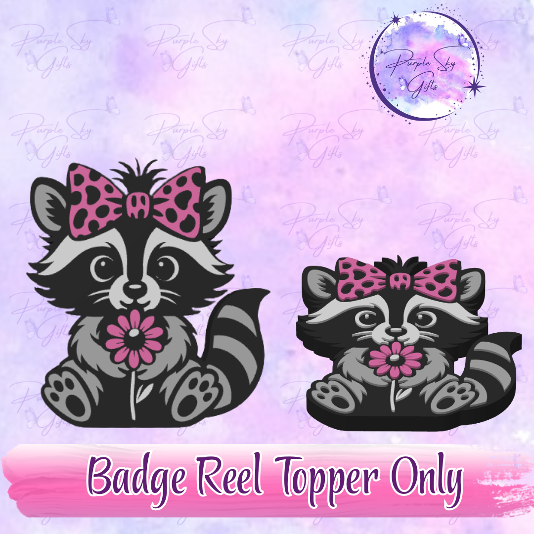 Cute Raccoon and Flower Badge Reel With Topper - Or Topper Only