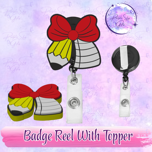Teacher Round Pencil Bow Badge Reel With Topper - Or Topper Only