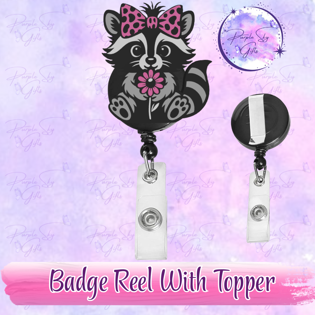 Cute Raccoon and Flower Badge Reel With Topper - Or Topper Only
