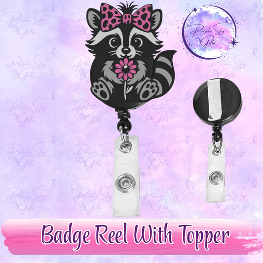 Cute Raccoon and Flower Badge Reel With Topper - Or Topper Only