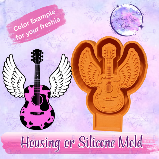 Cow Print Winged Guitar Freshie Housing or Silicone Mold