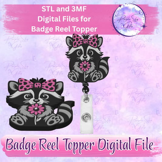 Cute Raccoon and Flower Badge Reel Topper STL and 3MF Files
