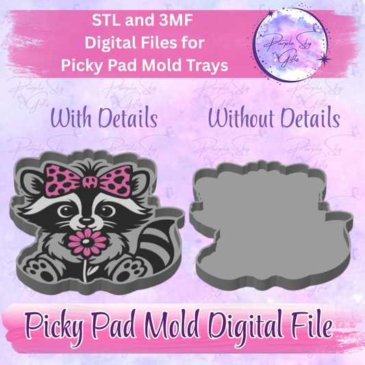 Cute Raccoon Picky Pad Mold Tray - With or Without Image STL and 3MF DIGITAL Files