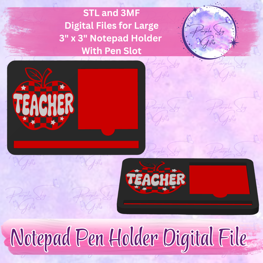 Checkered Print Teacher Apple Notepad Holder Digital STL and 3MF Files - Large Design With Pen Holder