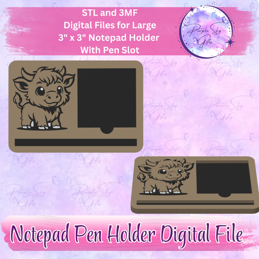 Baby Highland Cow Notepad Holder Digital STL and 3MF Files - Large Design With Pen Holder
