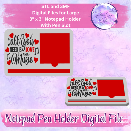 All You Need Is Love And Music Notepad Holder Digital STL and 3MF Files - Large Design With Pen Holder