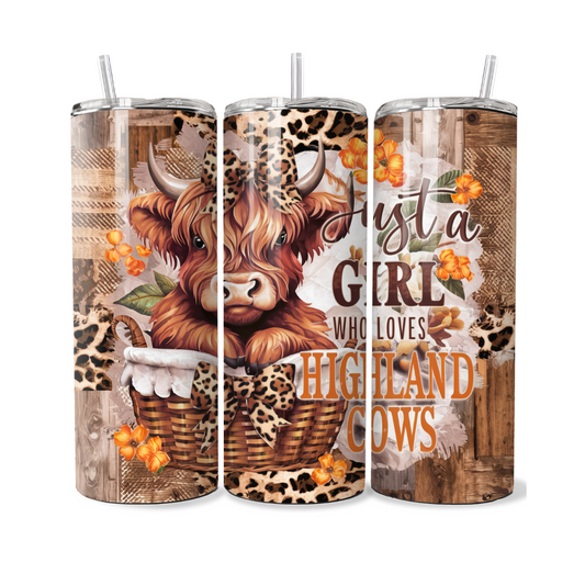 Just A Girl Who Loves Highland Cows Leopard Print Basket 20 or 30 oz Tumbler